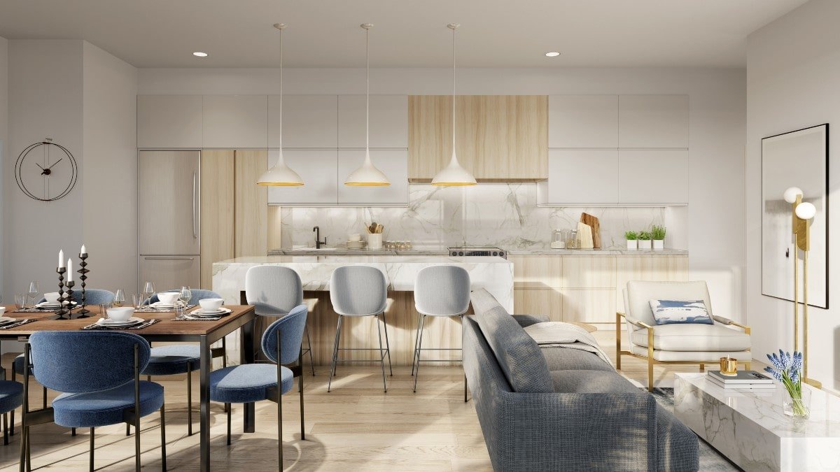 Beautiful living space and kitchen at Stride Condos in Port Credit