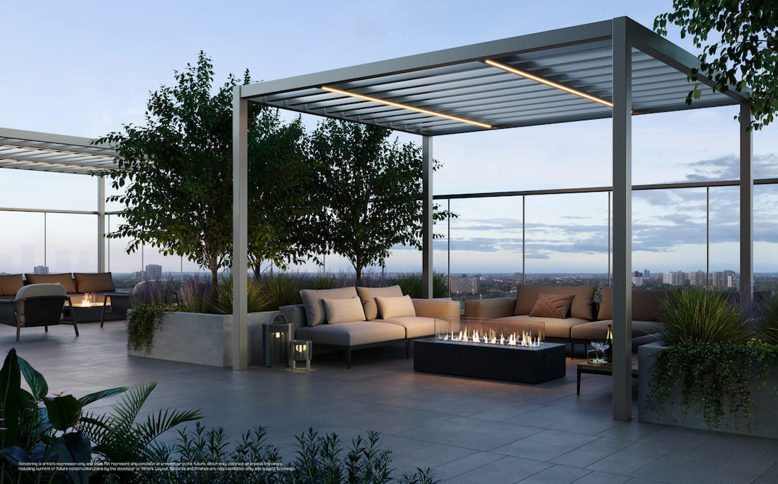Rendering of the rooftop terrace with fire pit at LSQ Condos in North York