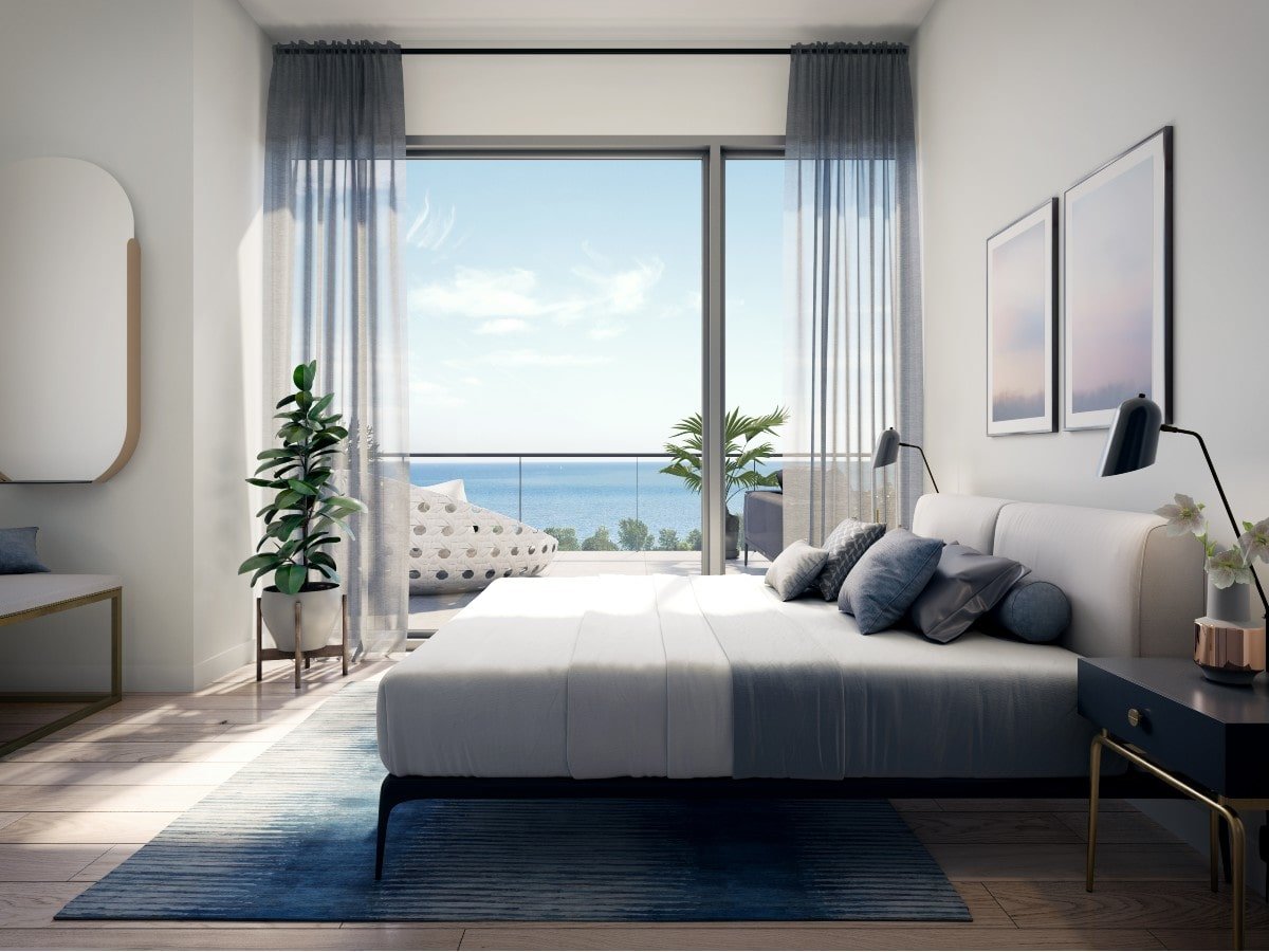Bedroom with lakefront views at Stride Condos in Port Credit