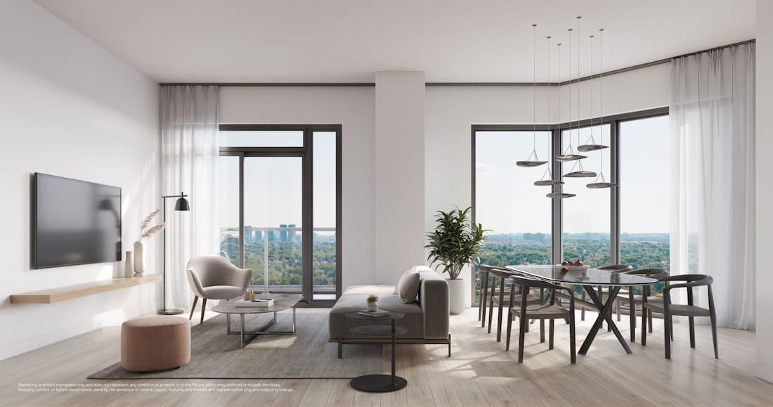 Rendering of a living room in a condo at LSQ in North York, Toronto