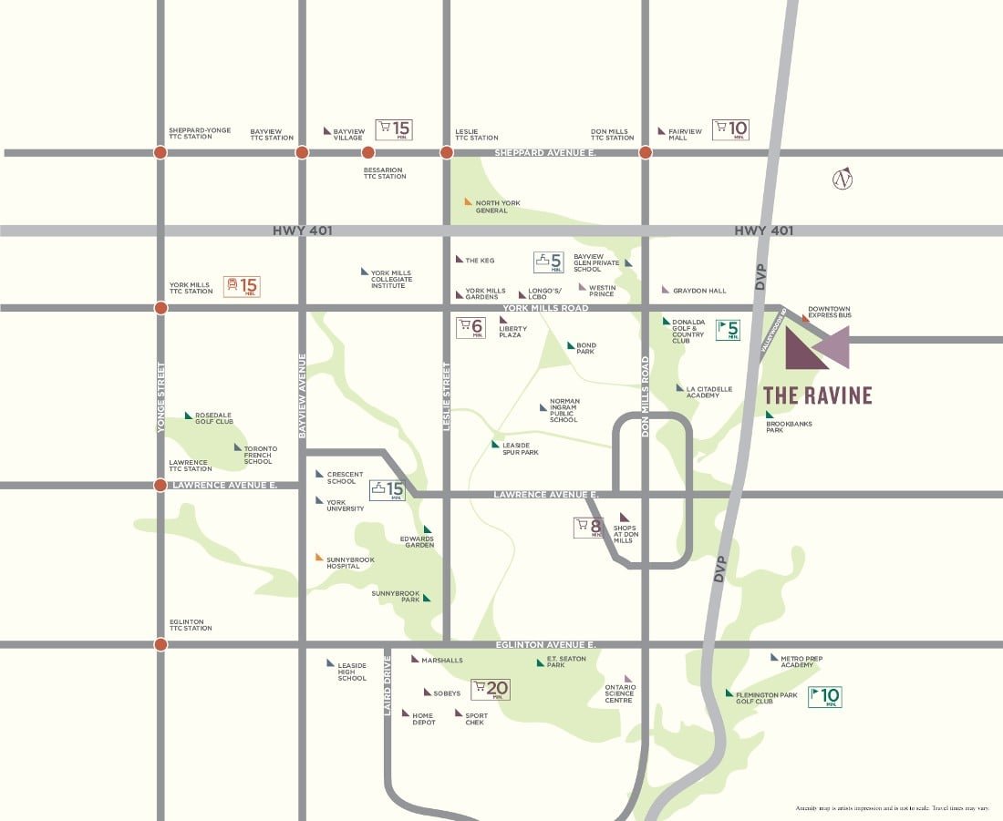 Map of The Ravine condo community location in North York, Toronto