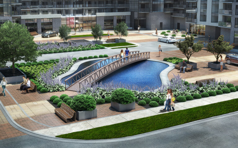 Artist rendering of park and pond outside Tricycle Condos