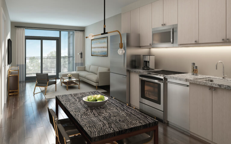 Artist rendering of unit living room at Tricycle Condos, Scarborough